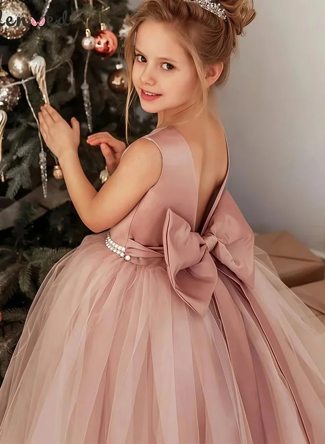 تايك تو فستان طويل بناتي وردي بلا أكمام مزين بلؤلؤ صناعي